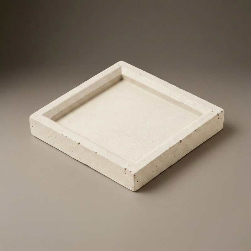 Quadratische Betonschale, heller Cremebeton vor warmem Greige-Hintergrund – Beton Atelier
